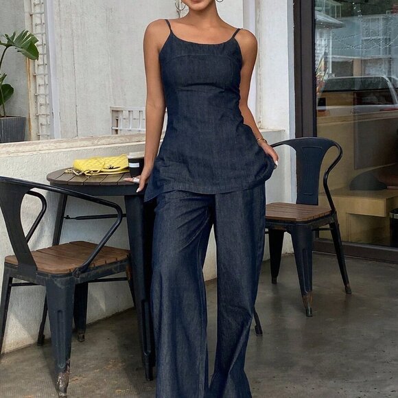 Dark Wash Casual Women's Simplistic Camisole & Denim Pants Set - Picture 4 of 7